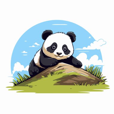 Tepede oturan sevimli panda. Vektör çizgi film illüstrasyonu.