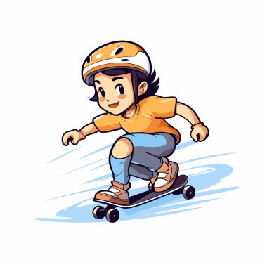 Kaykay süren bir çocuk. Beyaz arkaplanda vektör illüstrasyonu.