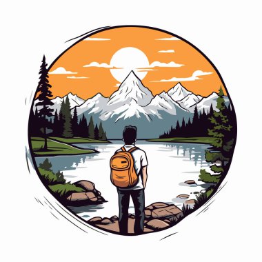 Dağ gölünün arka planında sırt çantalı bir yürüyüşçü. Vektör illüstrasyonu