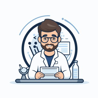 Stetoskop ve not panosu olan bir doktor. Düz biçimli vektör illüstrasyonu