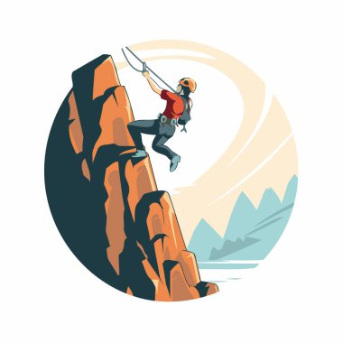 Kaya tırmanışçısı bir uçuruma tırmanıyor. Düz vektör illüstrasyonu.
