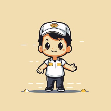 Denizci kostümü giyen sevimli çizgi film çocuğu. Düz bir şekilde vektör illüstrasyonu