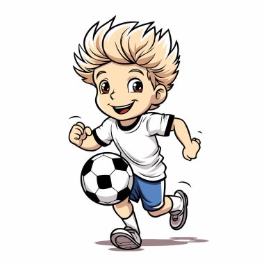 Çizgi filmci çocuk futbol oynuyor. Vektör illüstrasyonu beyaz arkaplanda izole edildi.