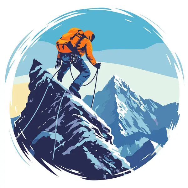 Hiker Top Mountain Vector Illustration Retro Style — Stock Vector