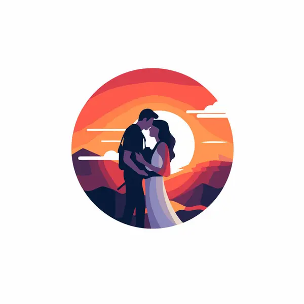 日没に恋をするカップル フラットスタイルのベクトルイラスト — ストックベクタ