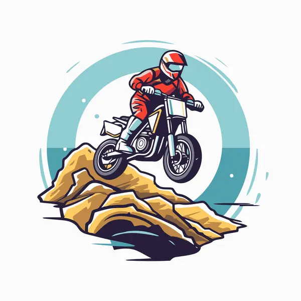 Motocross Fahrer Mit Helm Auf Den Felsen Vektorillustration — Stockvektor