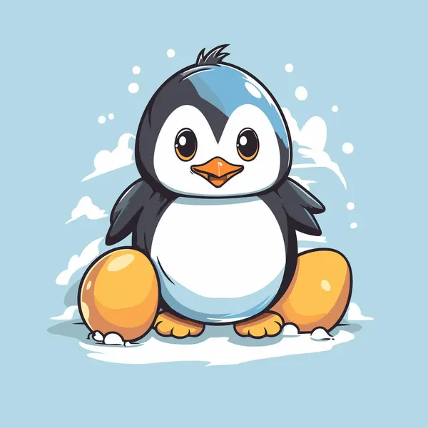Roztomilý Kreslený Tučňák Sedící Sněhu Vektorová Ilustrace — Stockový vektor