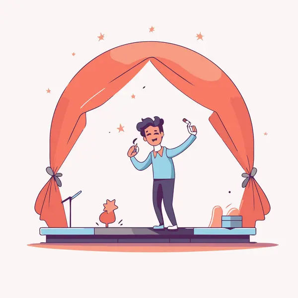 Vector Illustration Man Opening Red Stage Curtain Cat — Stock Vector