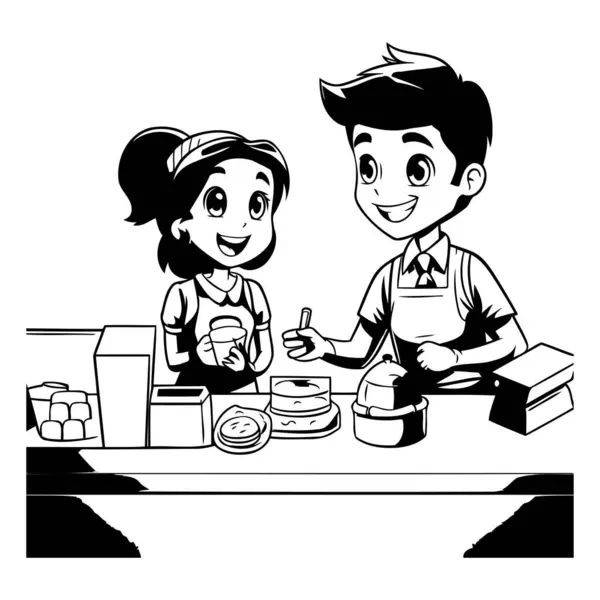 Carino Bambina Ragazzo Cucinare Insieme Cucina Vettore Illustrazione Grafica Design — Vettoriale Stock