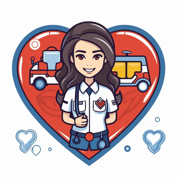 Infirmière Mignonne Uniforme Avec Voiture Ambulance Illustration Vectorielle Cardiaque Design — Image vectorielle