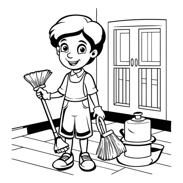 Boy Sweeping Floor Broom Bucket Black White Vector Illustration Graphic — Stock Vector