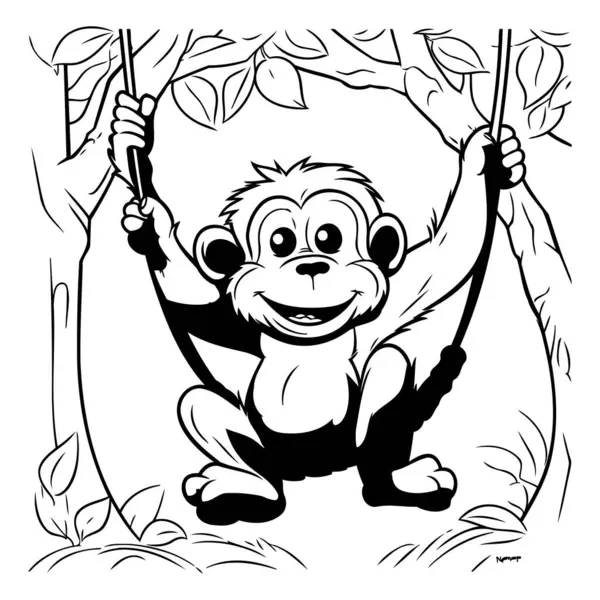 Monkey Jungle Black White Vector Illustration Coloring Book — Stock Vector
