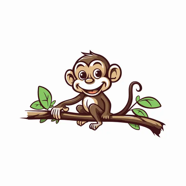 Cute Monkey Sitting Tree Branch Vector Illustration Isolated White Background — Stock Vector