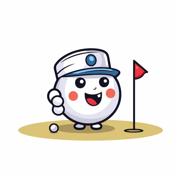 Golfball Charakter Mit Kappe Und Fahne Niedliche Cartoon Vektor Illustration — Stockvektor