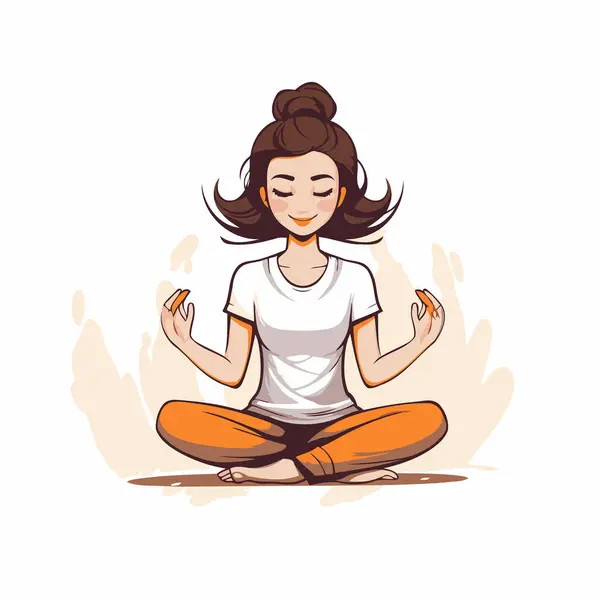 Chica Practicando Yoga Sentado Posición Loto Ilustración Vectorial — Vector de stock