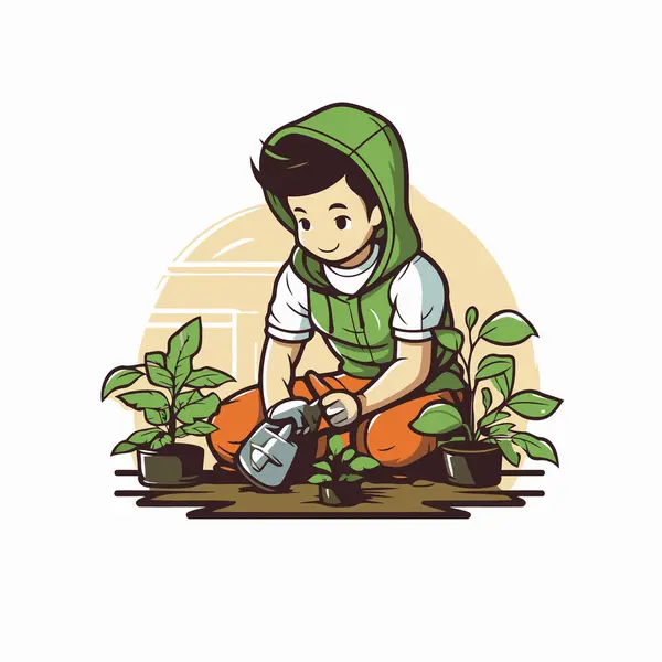 Gardening Boy Watering Plants Watering Can Vector Illustration — Stock Vector