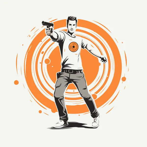 Egy Rendőr Narancssárga Hátterű Fegyverrel Vektor Illusztráció — Stock Vector