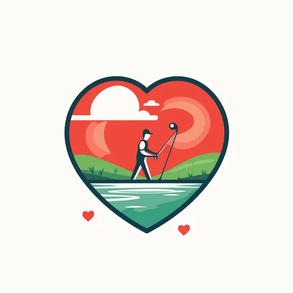 Fisherman Fishing Rod Heart Shape Vector Illustration — Stock Vector