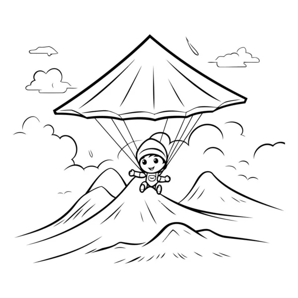 Black White Illustration Girl Flying Paraglider — Stock Vector