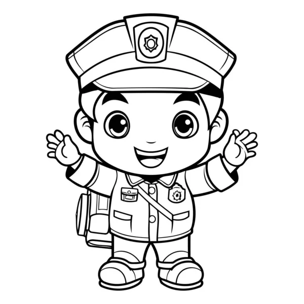 Czarno Białe Kreskówki Ilustracja Cute Little Boy Kapitan Znaków Kolorowanki — Wektor stockowy