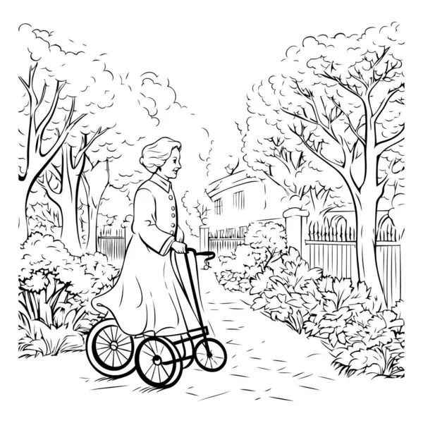 年轻女子在公园里骑自行车 黑白矢量图解 — 图库矢量图片