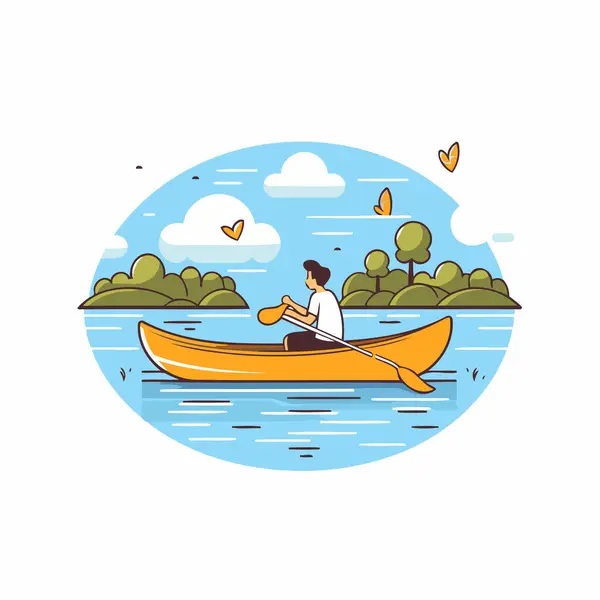 Hombre Kayak Lago Ilustración Vectorial Plana — Archivo Imágenes Vectoriales