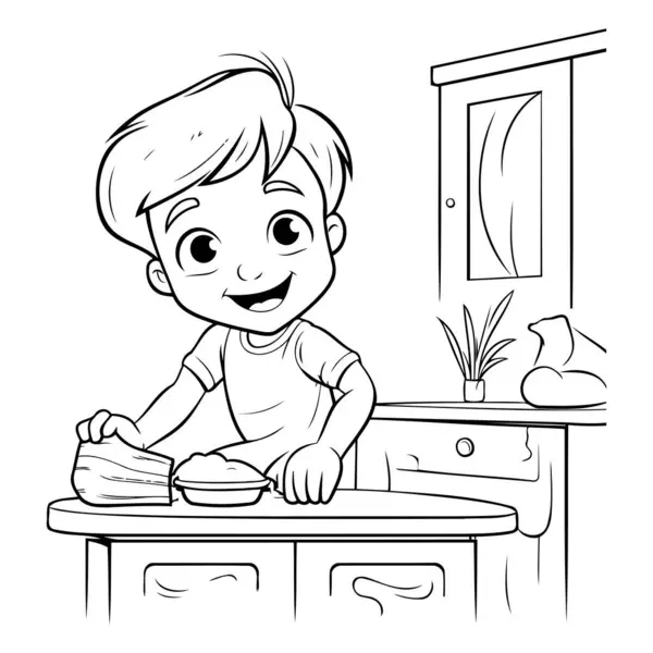 Cute Little Boy Ironing Clothes Kitchen Vector Illustration — Stock Vector