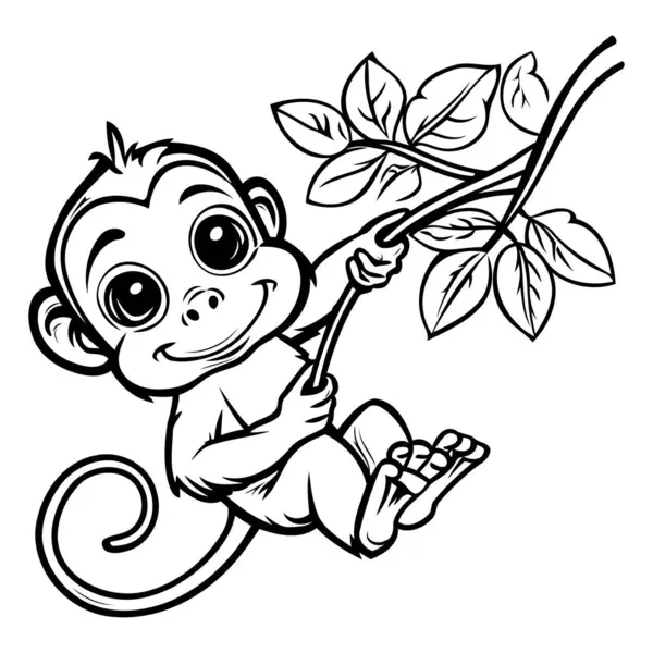 Monkey Black White Cartoon Illustration Coloring Book — Stock Vector