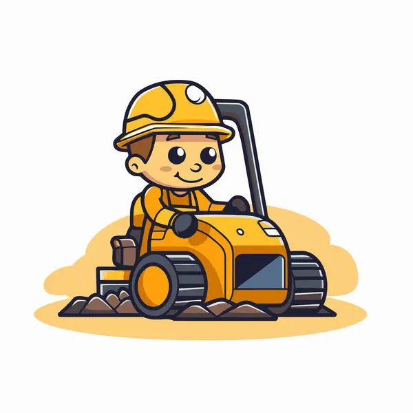 Cartoon Little Boy Working Construction Machine Vector Illustration — Stock Vector