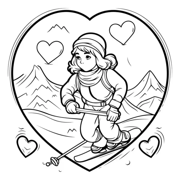 Schwarz Weiße Cartoon Illustration Eines Skifahrermädchens Herzform Für Malbuch — Stockvektor