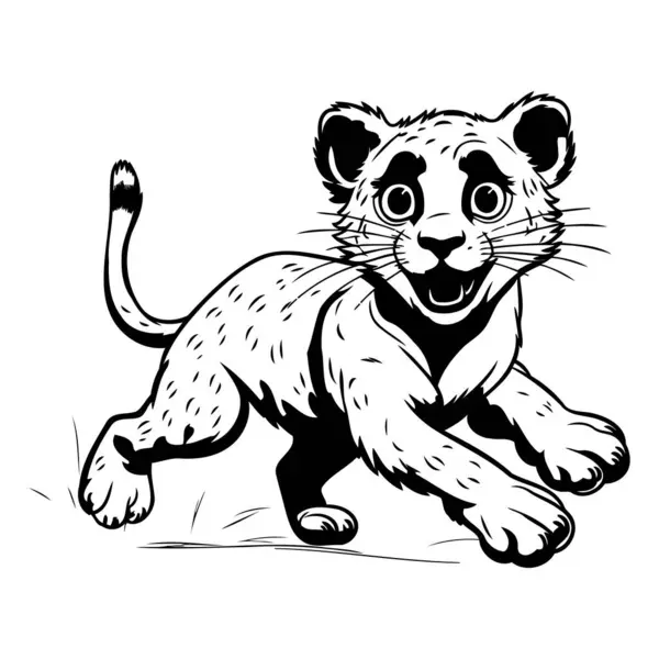 白い背景に実行されているライオンの黒と白のベクター図 — ストックベクタ