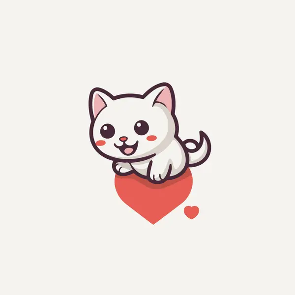 Cute White Cat Red Heart Valentines Day Vector Illustration — Stock Vector