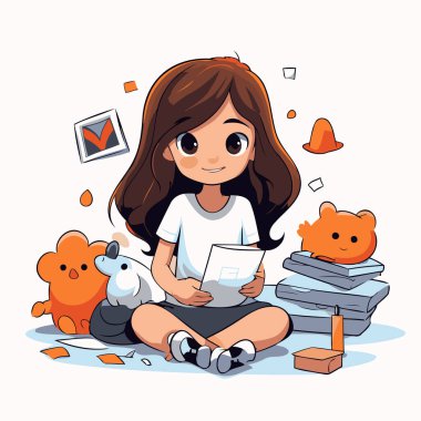 Kitap okuyan ve yerde oturan sevimli küçük bir kız. Vektör illüstrasyonu.