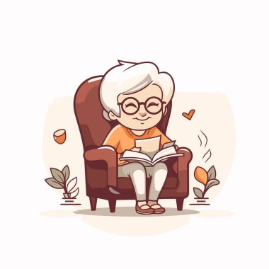 Koltukta oturan ve kitap okuyan yaşlı bir kadın. Vektör illüstrasyonu.