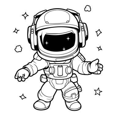 Siyah ve Beyaz Astronot Çizgi Filmi Maskot Karakteri Vektör İllüstrasyonu