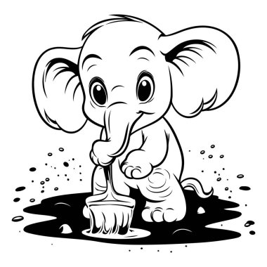 Yer Temizleyen Şirin Fil - Siyah-Beyaz Çizgi Film Çizimi. Vektör