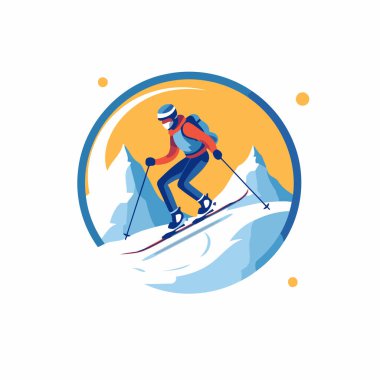 Kayak vektör logosu. Kayakçının kayak yamacındaki düz çizimi.