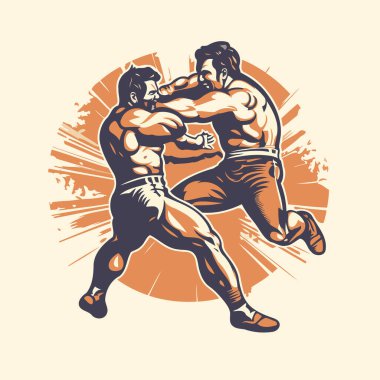 Muay Thai. İki boksör kavga ediyor. Retro biçiminde vektör illüstrasyonu