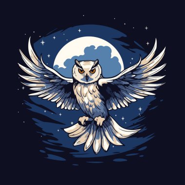 Gece gökyüzünde dolunayla uçan baykuş. Vektör illüstrasyonu.