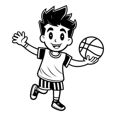 Basketbol oynayan çocuk - Siyah ve Beyaz Çizgi Film İllüstrasyonu. Beyaz Arkaplanda İzole Edilmiş