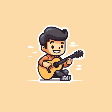 Çizgi filmci çocuk gitar çalıyor. Vektör çizimi. Beyaz arkaplanda izole.