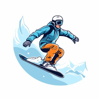 Snowboard sporcusu snowboard 'a atlıyor. izole vektör illüstrasyonu.