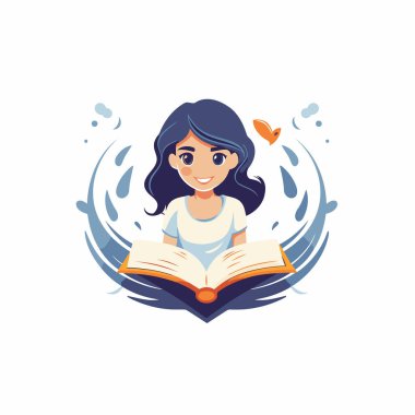 Kitap okuyan bir kız. Sevimli çizgi film karakteri. Vektör illüstrasyonu.