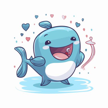 Beyaz arka planda izole edilmiş kalpleri olan sevimli çizgi film balinası. Vektör illüstrasyonu.