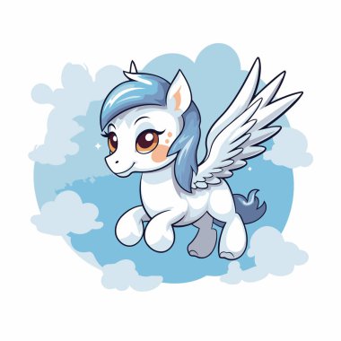 Gökyüzünde uçan kanatlı şirin beyaz tek boynuzlu at çizgi filmi. Vektör illüstrasyonu.