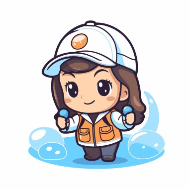 Şapkalı ve tulumlu şirin küçük bir kız. Vektör illüstrasyonu.