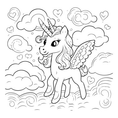 Tek boynuzlu at ve bulutlar. Çocuklar için boyama kitabı. Vektör illüstrasyonu.