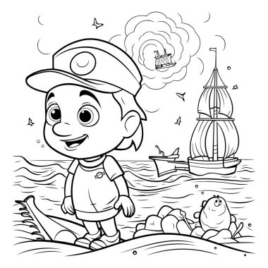 Denizde gemisi olan korsan çocuğun ana hatlarını boyuyor.