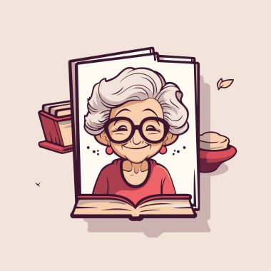 Kitap okuyan sevimli bir büyükannenin vektör çizimi. Beyaz arkaplanda izole.