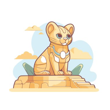 Kayanın üzerinde oturan sevimli çizgi film dişi aslanı. Vektör illüstrasyonu.